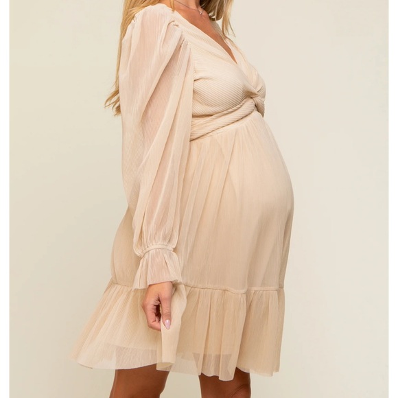 NWT Listicle Beige Pleated Knotted Long Sleeve Dress - Picture 2 of 6
